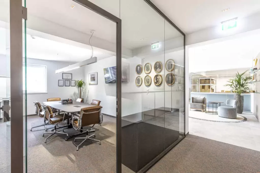 Interior view of the glass-divided office spaces