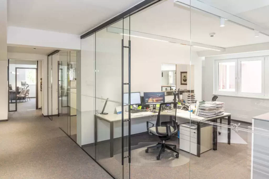 Interior view of the glass-divided office spaces