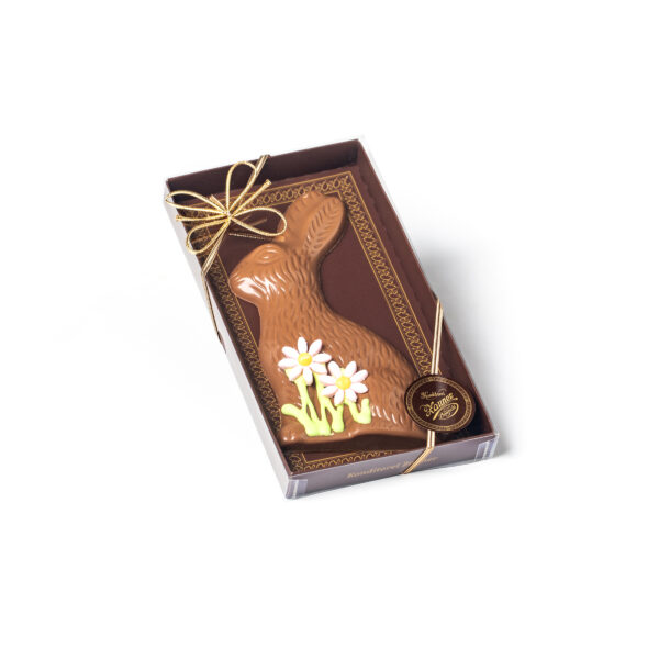 Brown gift box with Easter bunnies made of caramel chocolate